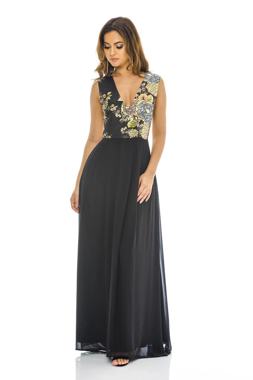 black Floral 2 in 1 V Neck Maxi Dress - Image 2