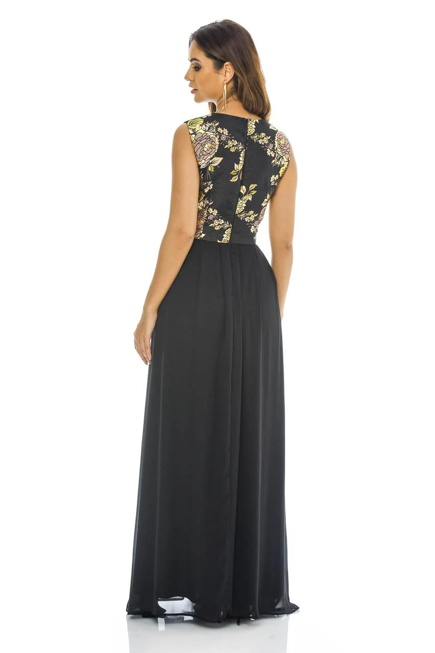 black Floral 2 in 1 V Neck Maxi Dress - Image 3