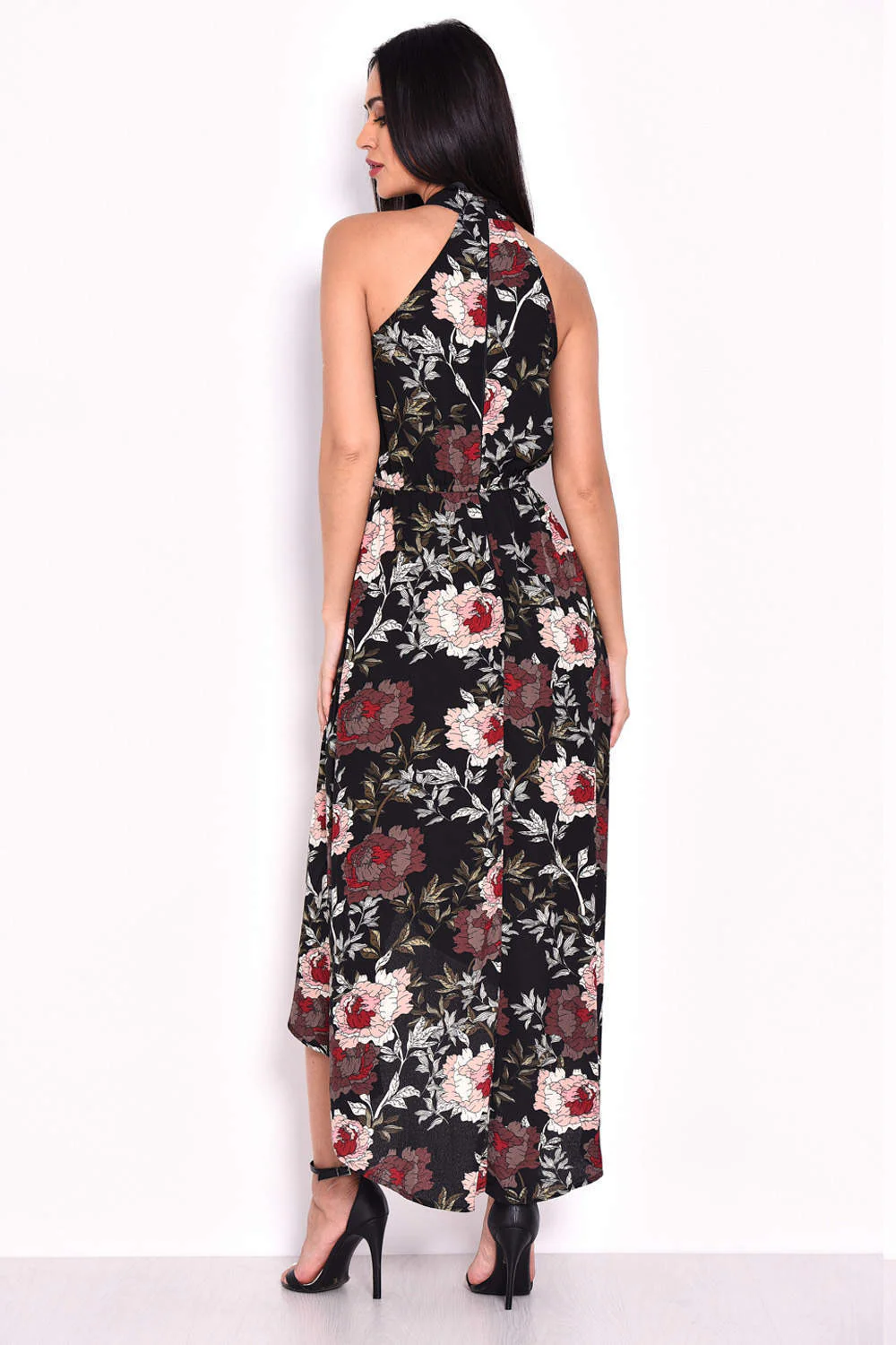 Black Floral Asymmetric Choker Neck Midi Dress - Image 3