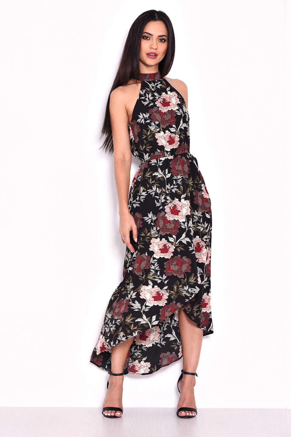 Black Floral Asymmetric Choker Neck Midi Dress - Image 4