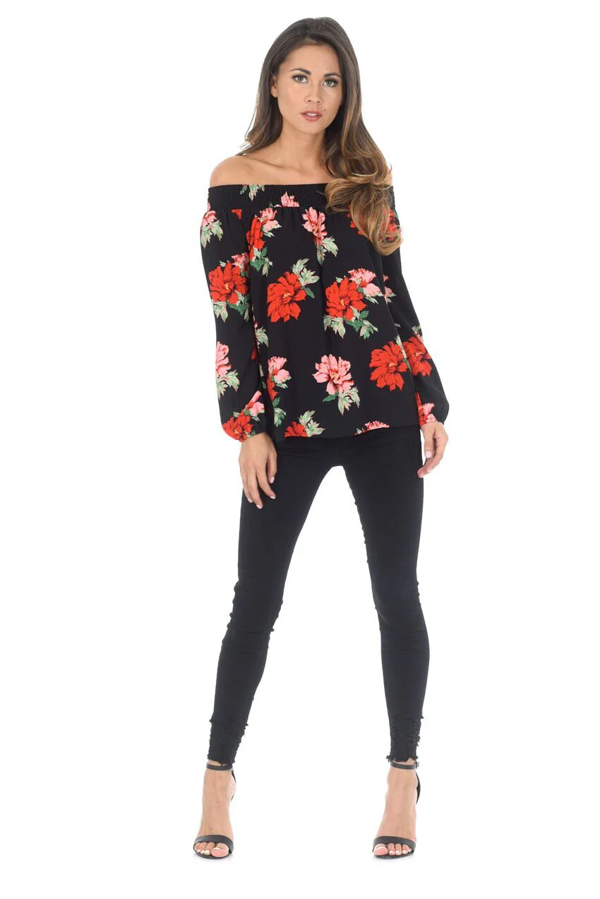 Black Floral Bardot Top - Image 2