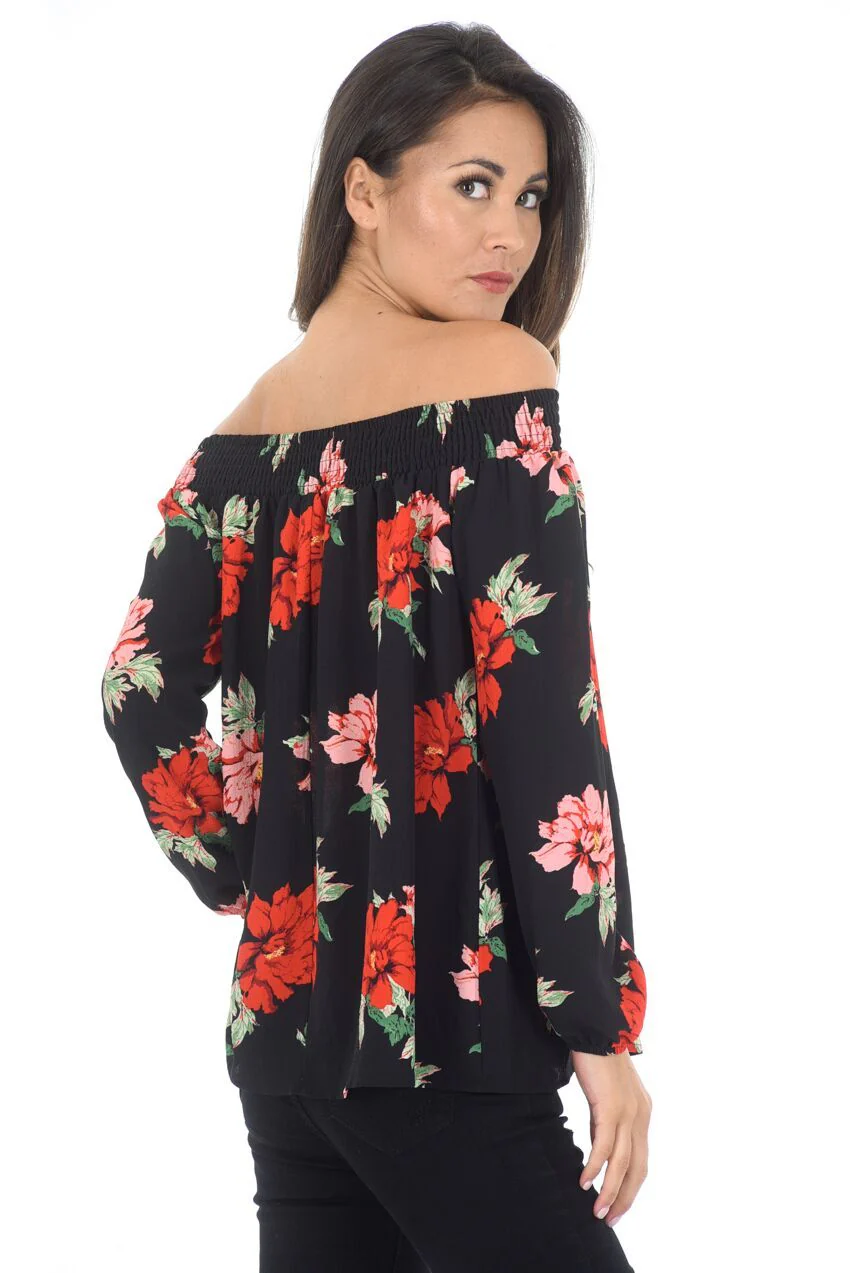 Black Floral Bardot Top - Image 3