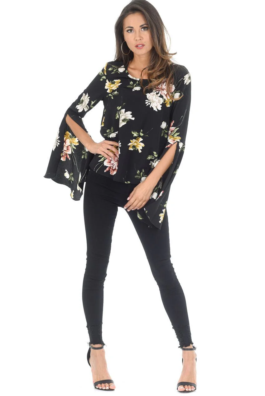 Black Floral Bell Sleeve Top - Image 2