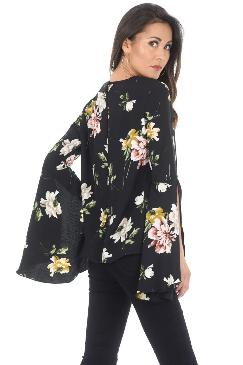 Black Floral Bell Sleeve Top - Image 3