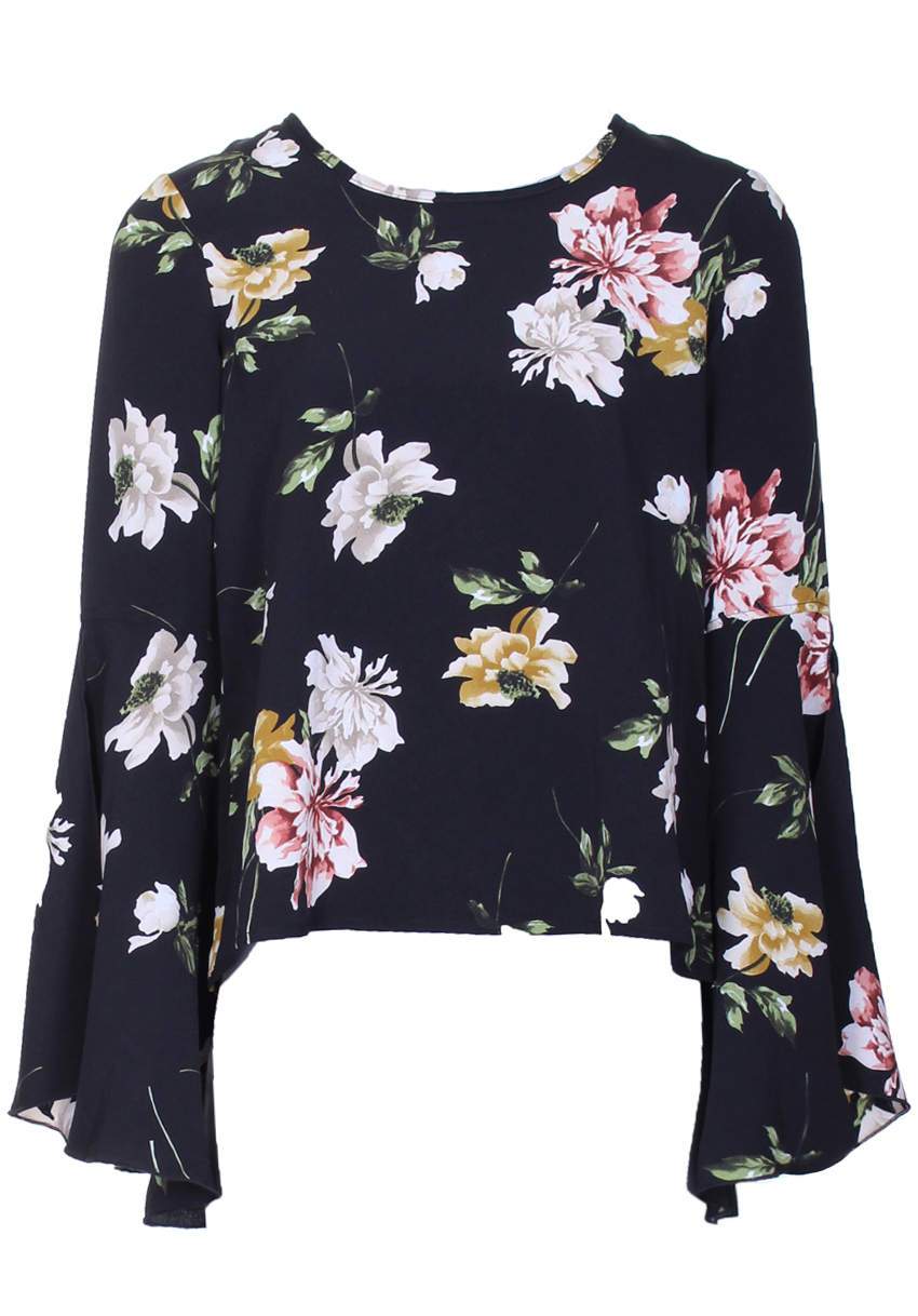Black Floral Bell Sleeve Top - Image 4