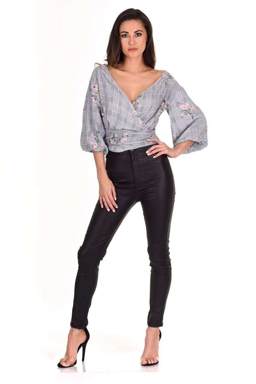 Black Floral Checked Tie Top - Image 2
