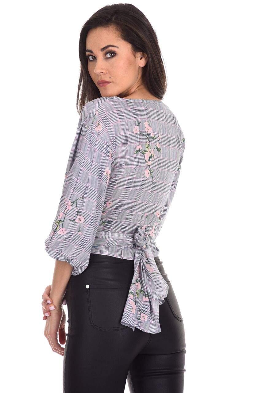 Black Floral Checked Tie Top - Image 3