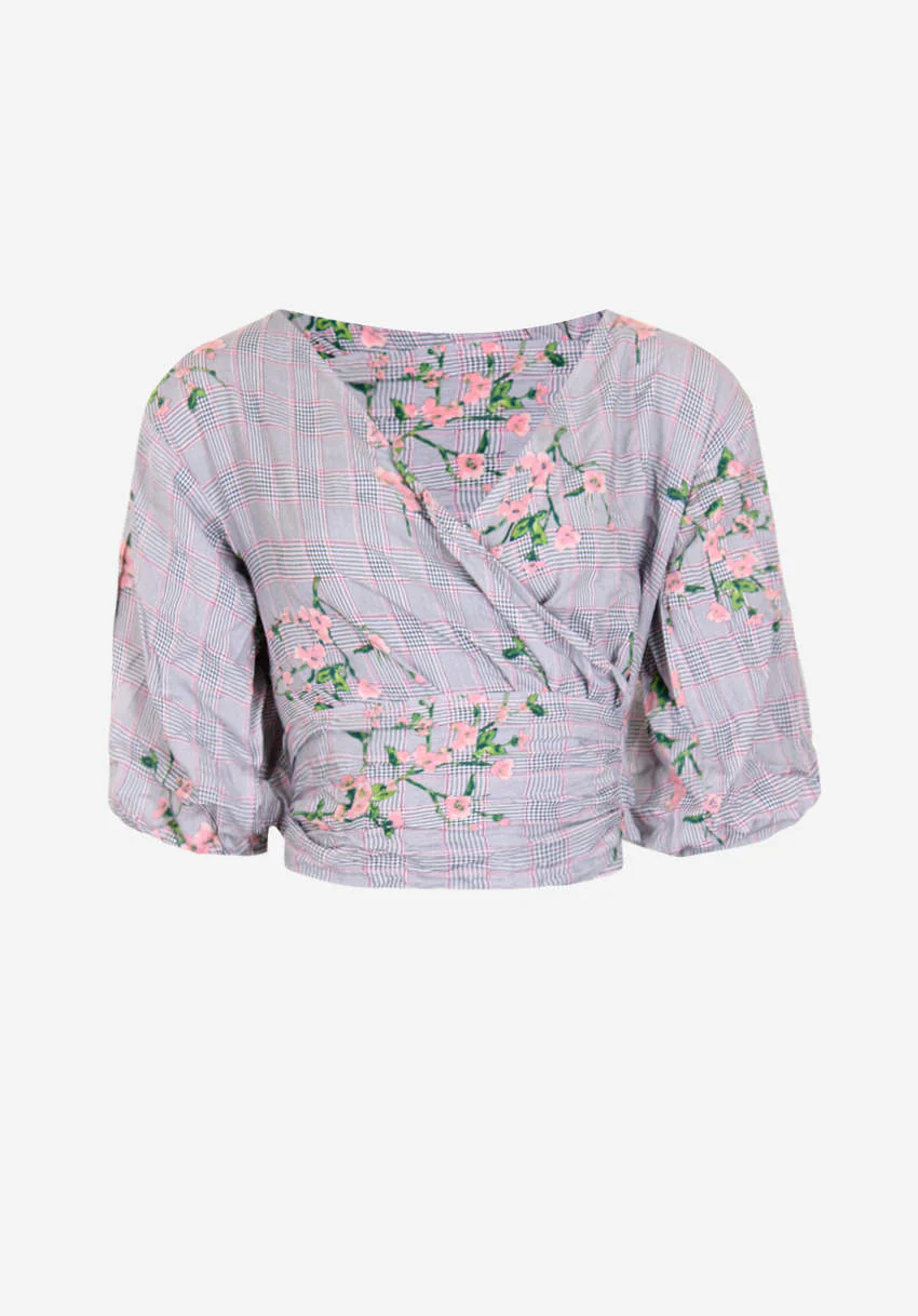 Black Floral Checked Tie Top - Image 4