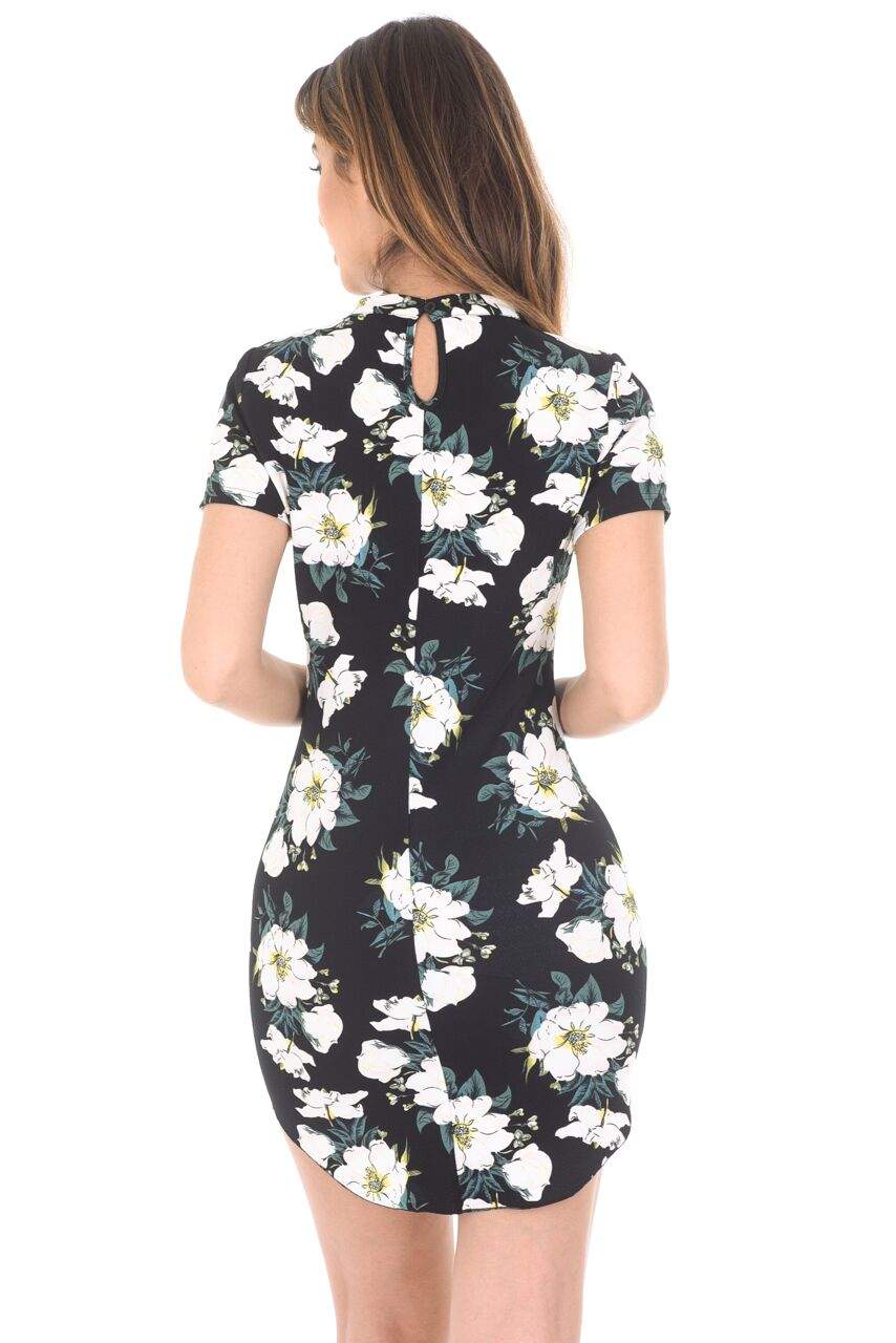 Black Floral Choker Mini Bodycon Dress - Image 3