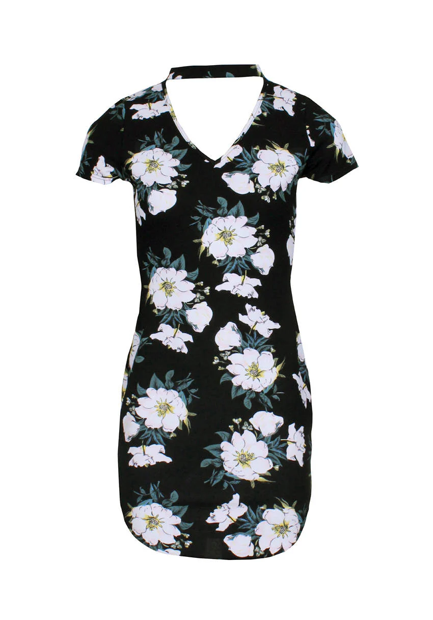 Black Floral Choker Mini Bodycon Dress - Image 4