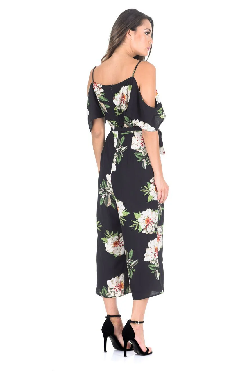 Black Floral Cold Shoulder Culotte Jumpsuit - Image 3