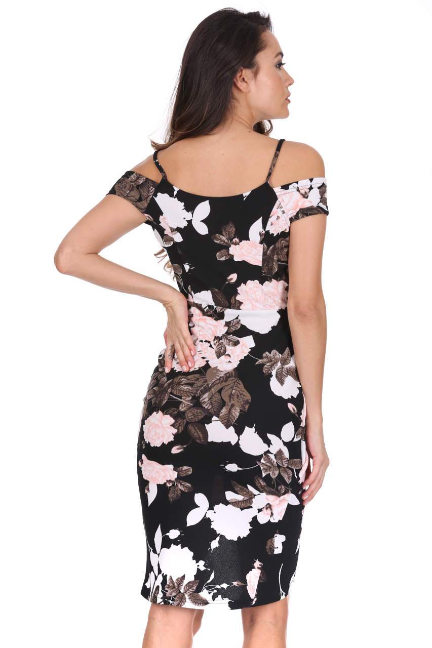 Black Floral Cold Shoulder Midi Dress - Image 3