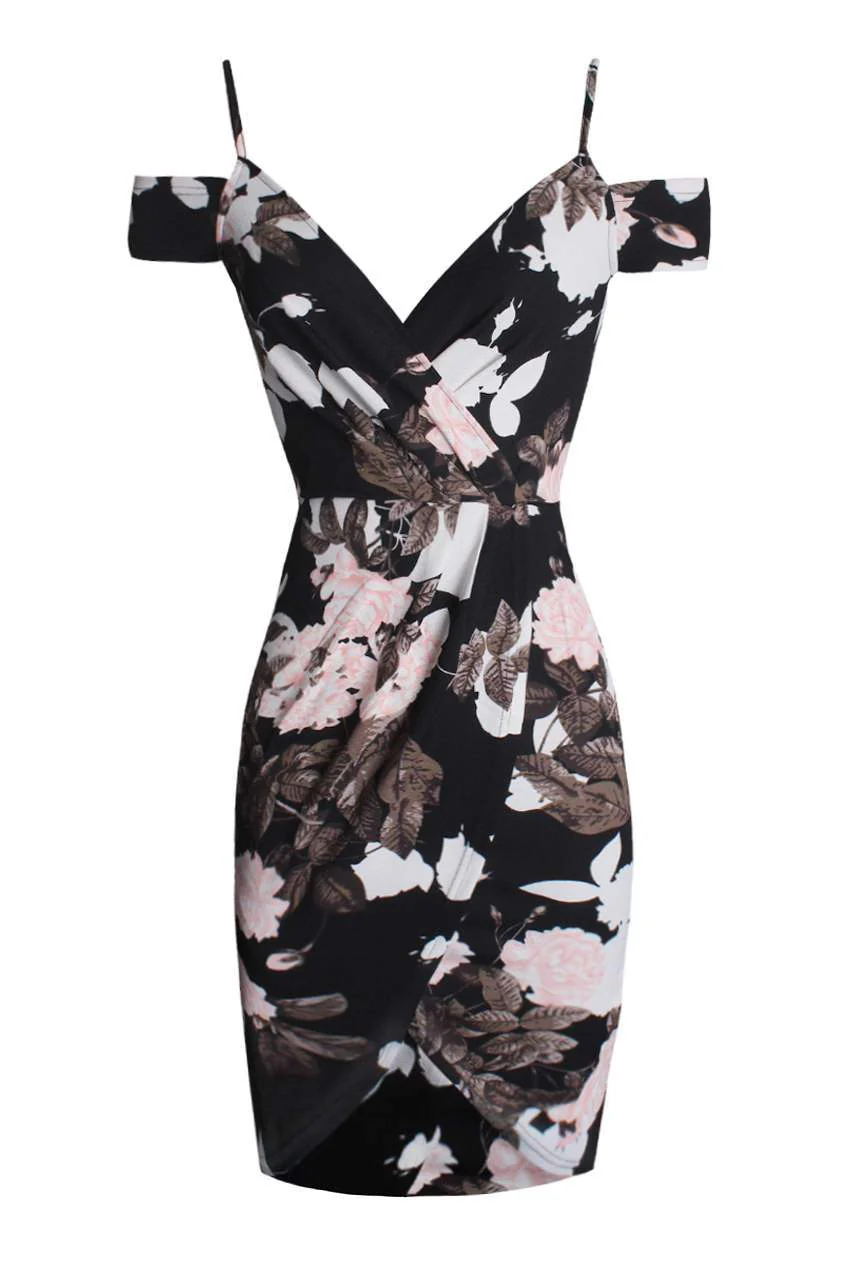 Black Floral Cold Shoulder Midi Dress - Image 4