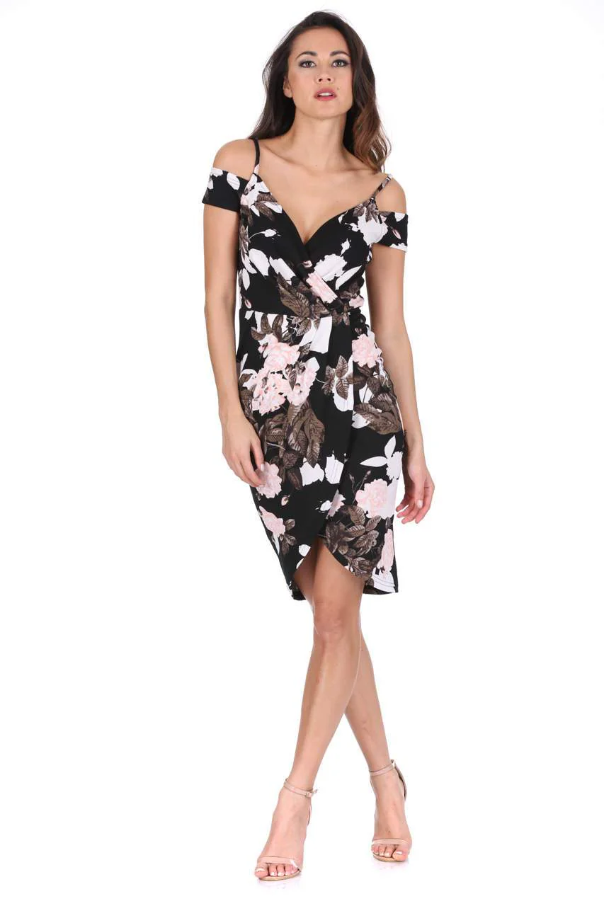 Black Floral Cold Shoulder Midi Dress - Image 5