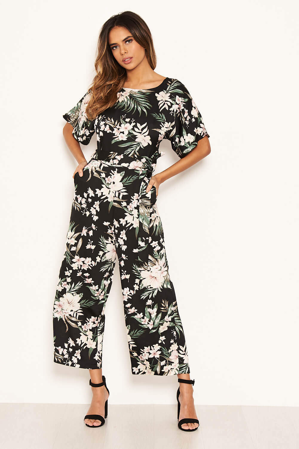Black Floral Crew Neck Culotte Jumpsuit - Image 3