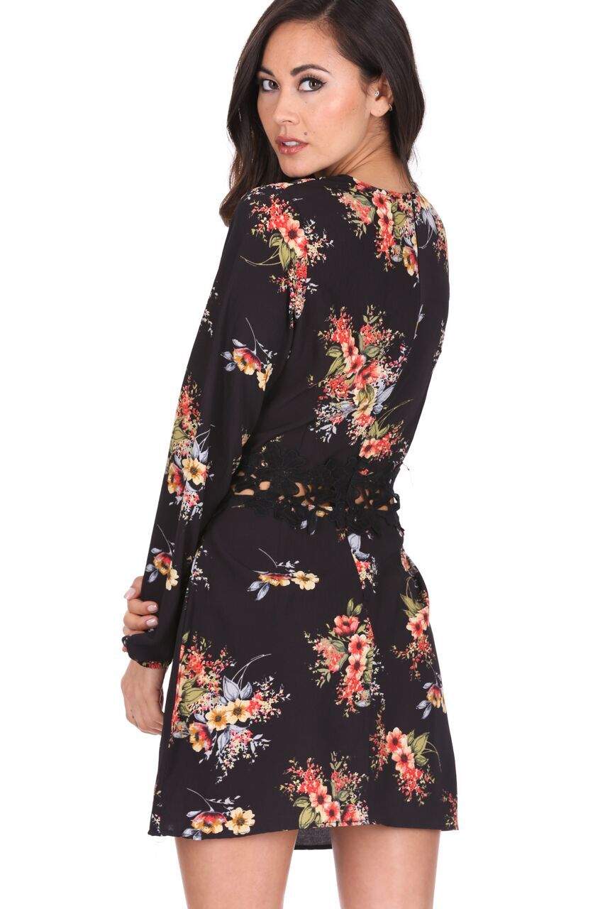 Black Floral Crochet Detail Dress - Image 3