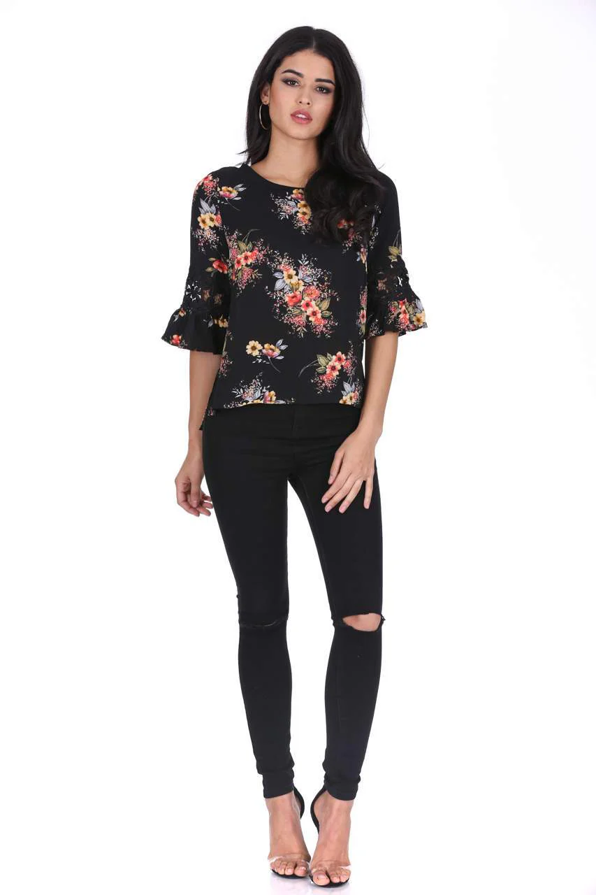 Black Floral Crochet Detail Top - Image 2