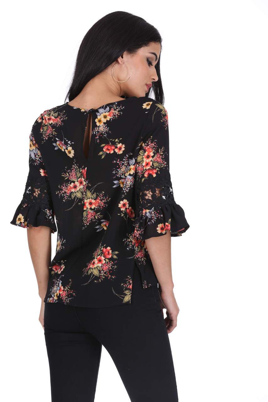 Black Floral Crochet Detail Top - Image 3