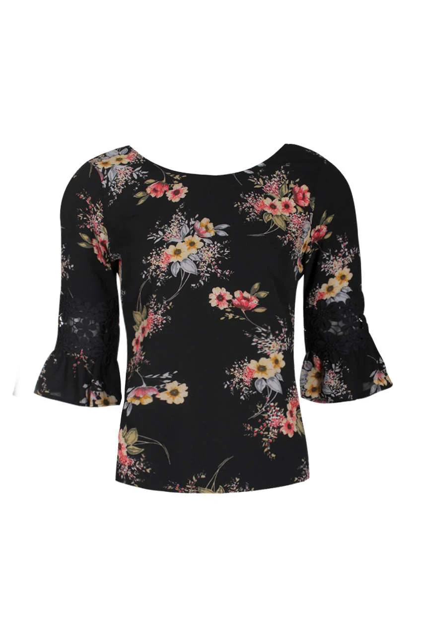 Black Floral Crochet Detail Top - Image 4