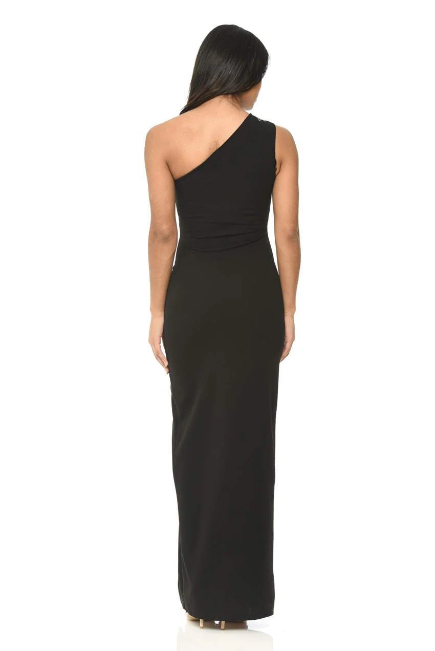 Black Floral Embroidered One Shoulder Maxi Dress - Image 3