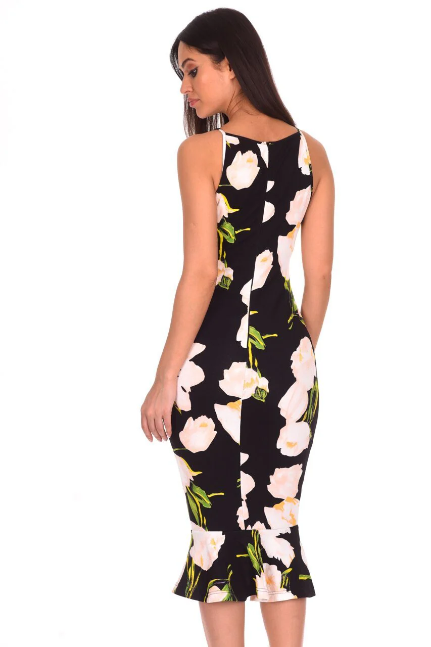 Black Floral Fishtail Hem Midi Dress - Image 3