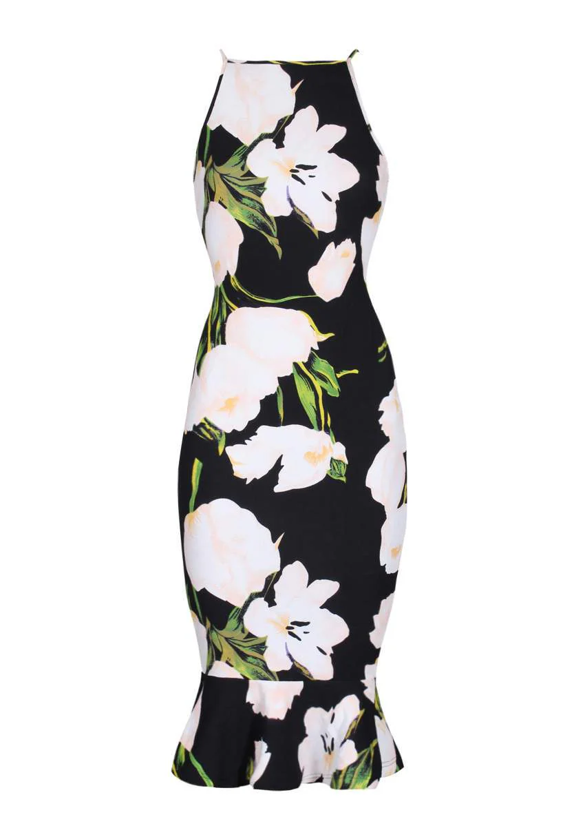 Black Floral Fishtail Hem Midi Dress - Image 4