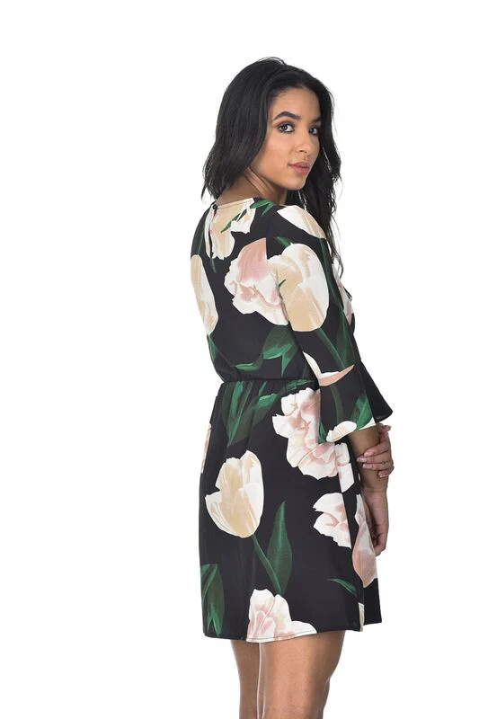 Black Floral Flared Sleeve Dress - Image 3