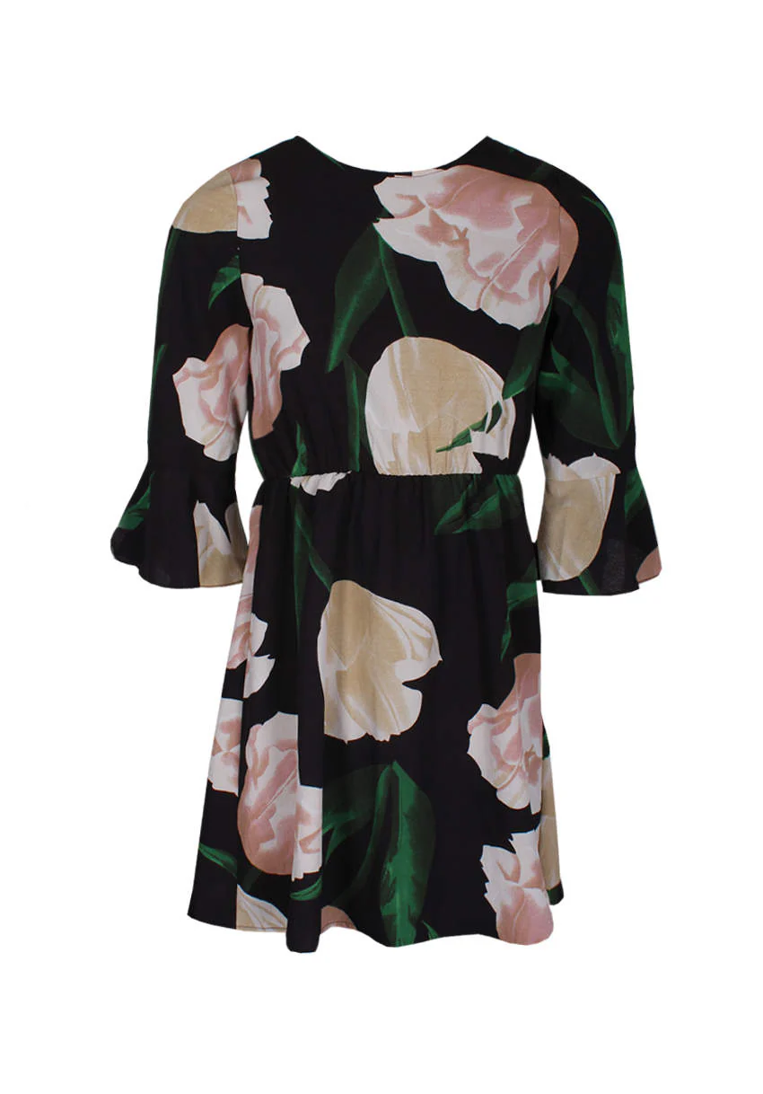 Black Floral Flared Sleeve Dress - Image 4