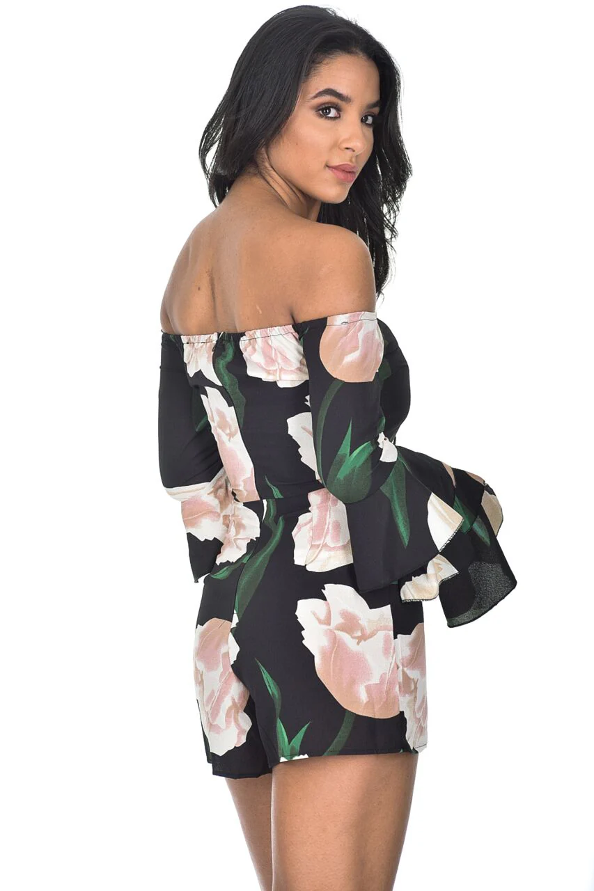 Black Floral Flared Sleeve Playsuit - Image 3