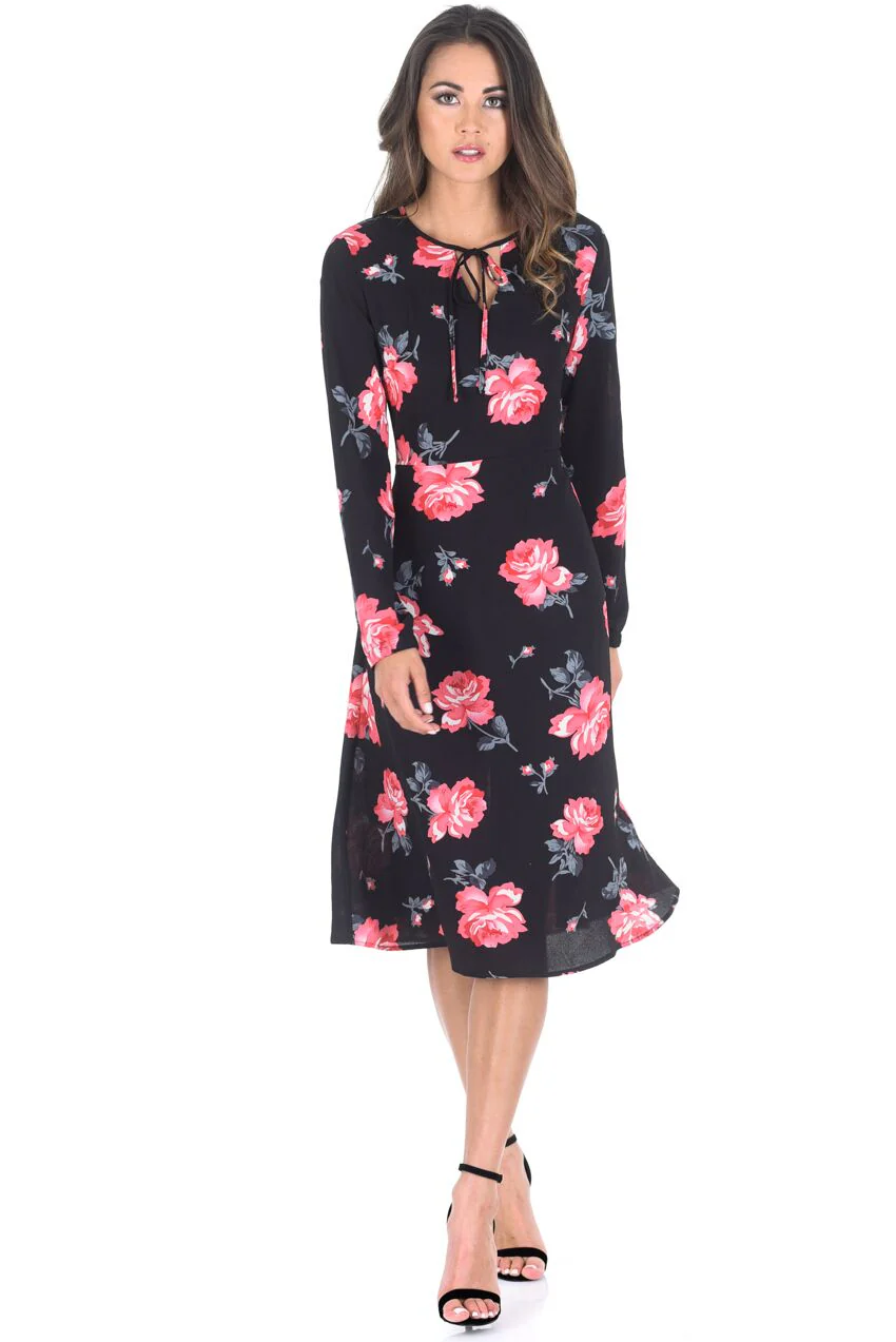 Black Floral Floaty Dress with Tie Detail - Image 2