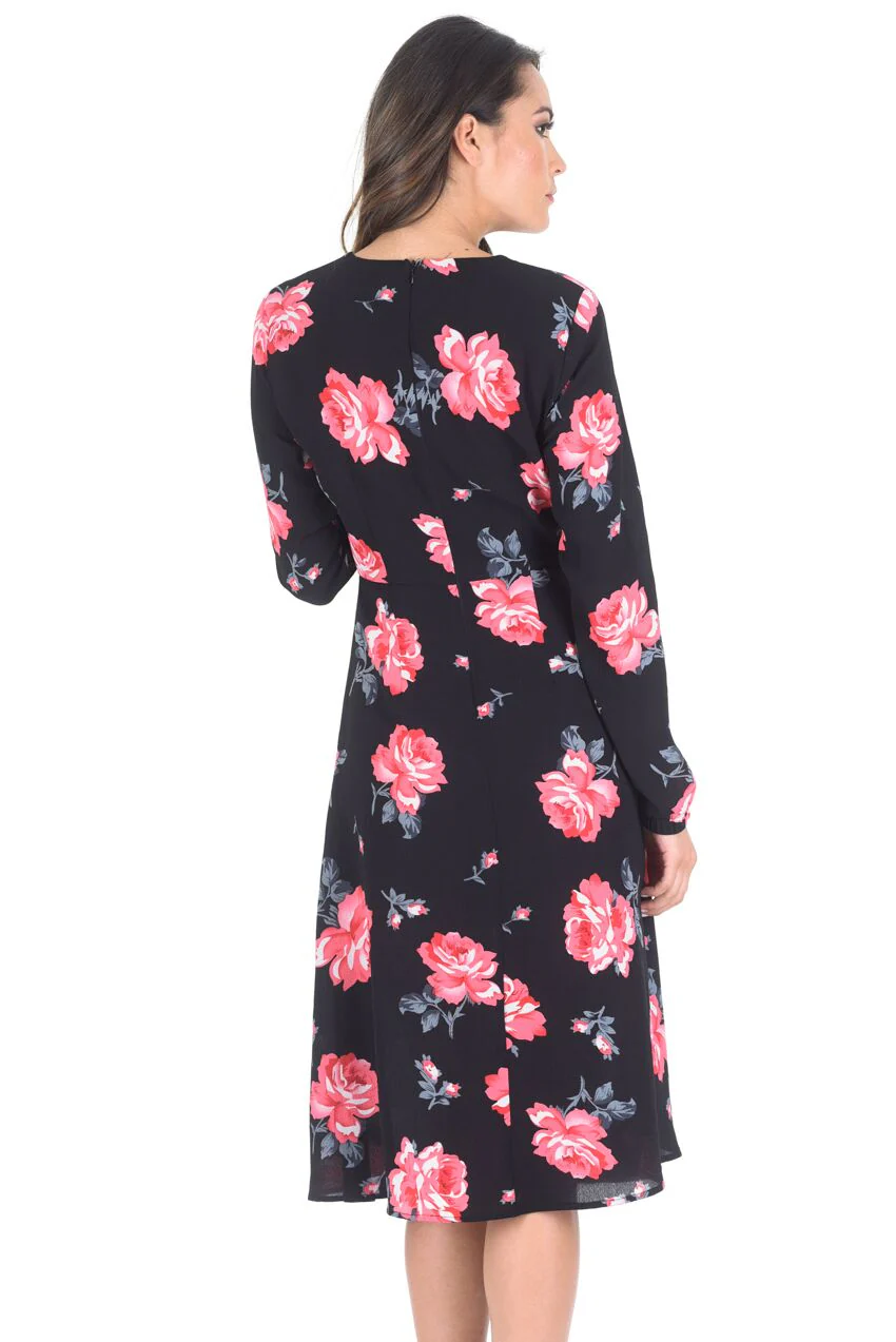 Black Floral Floaty Dress with Tie Detail - Image 3
