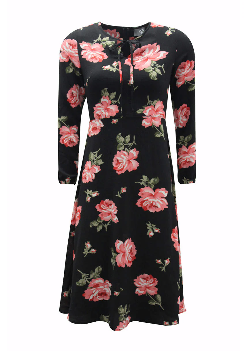 Black Floral Floaty Dress with Tie Detail - Image 4