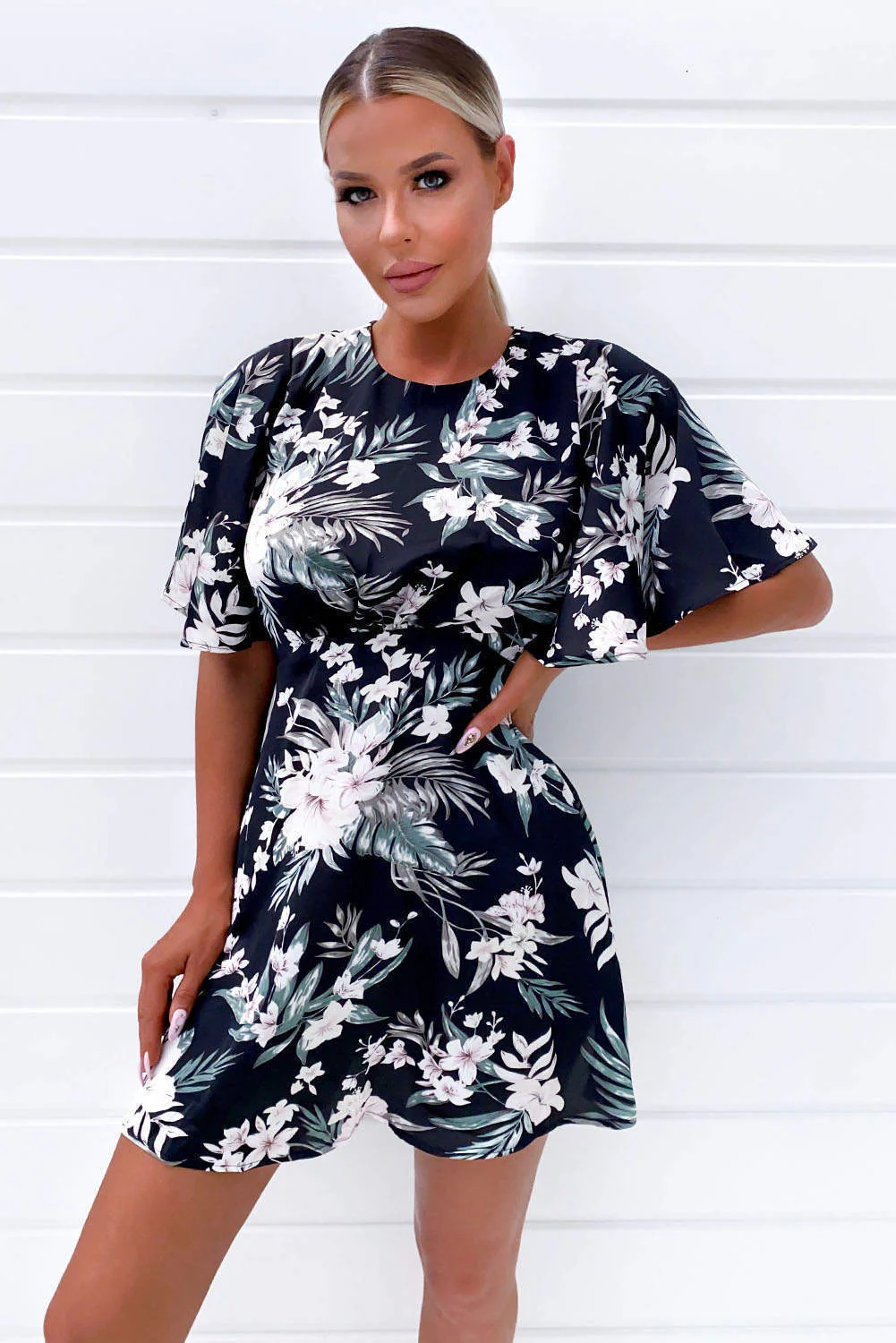 Black Floral Flute Sleeve Dress - Image 2