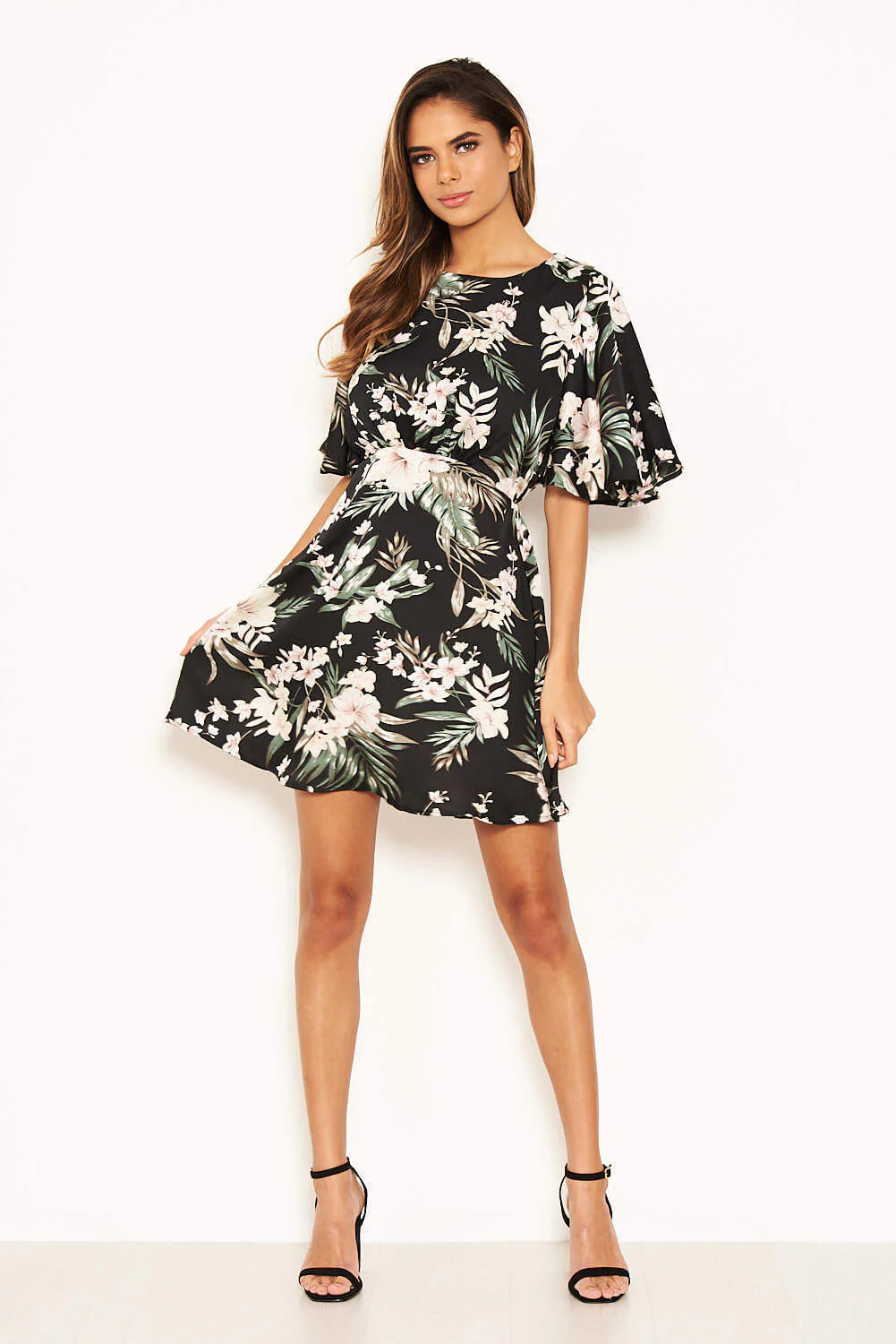 Black Floral Flute Sleeve Dress - Image 6