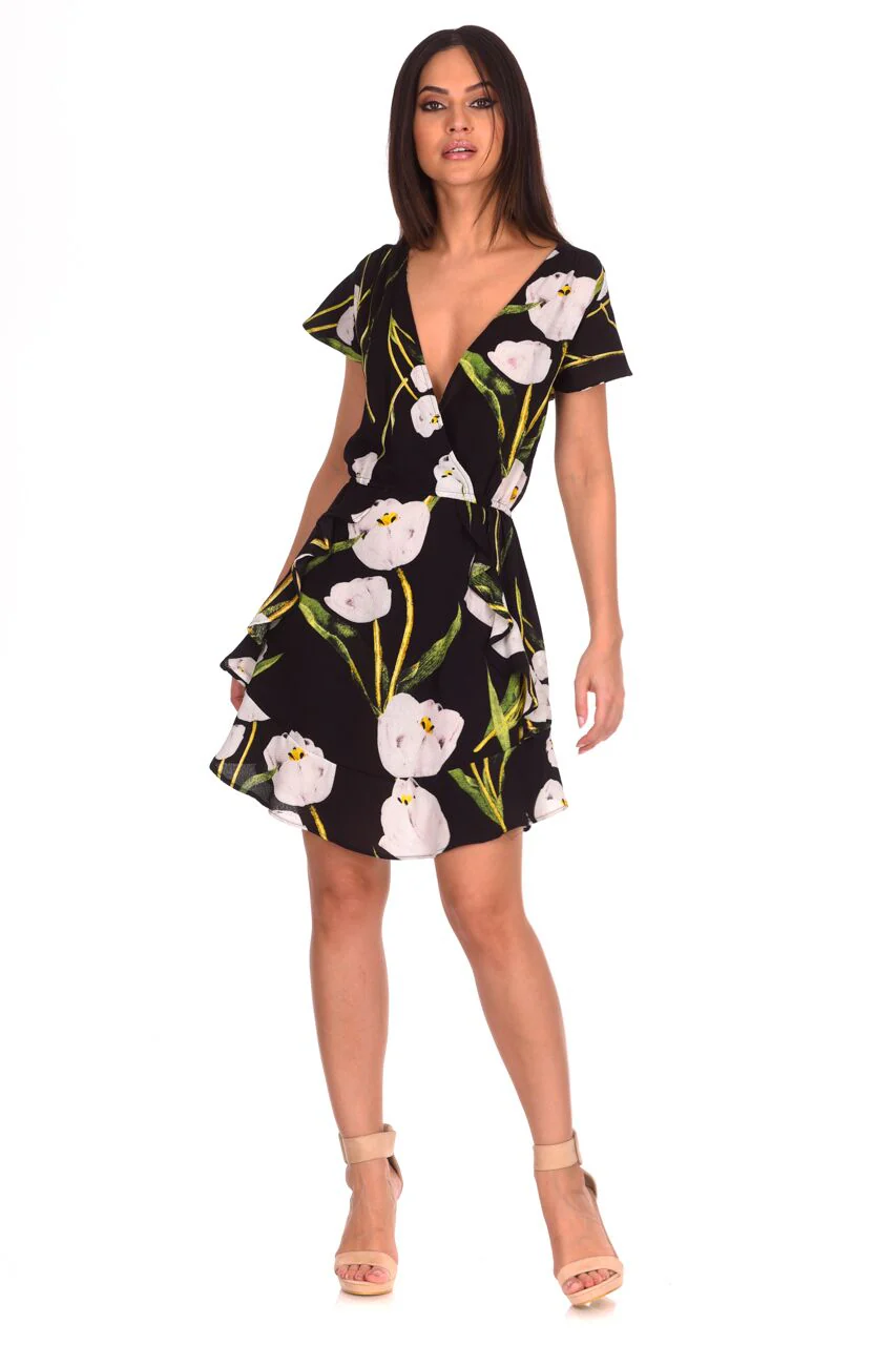 Black Floral Frill Detail Dress - Image 2