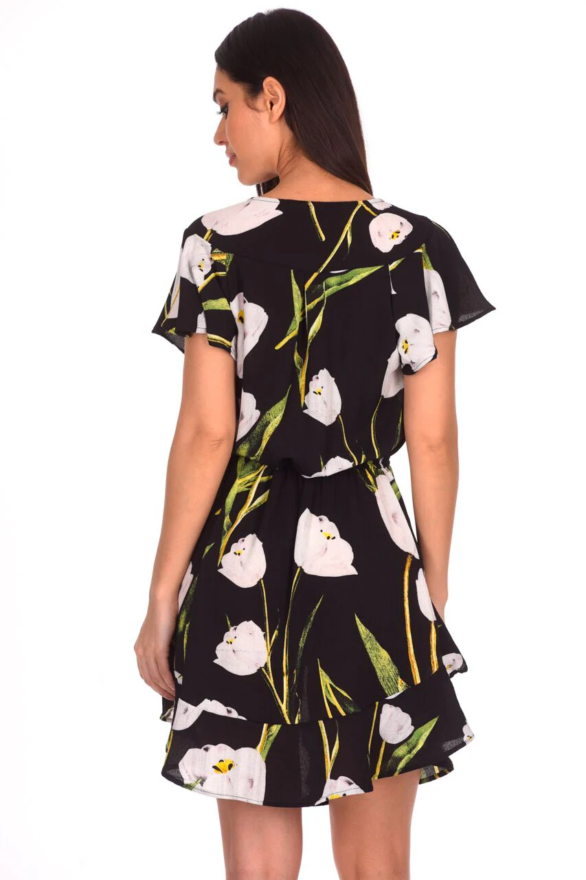 Black Floral Frill Detail Dress - Image 3