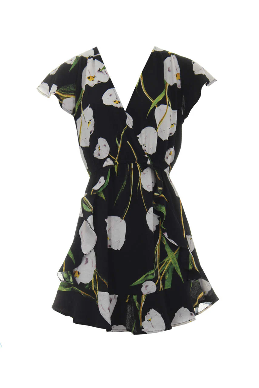 Black Floral Frill Detail Dress - Image 4