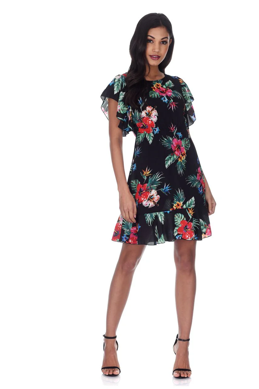 Black Floral Frill Detail Mini Dress - Image 2