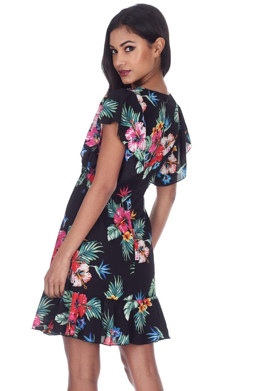 Black Floral Frill Detail Mini Dress - Image 3