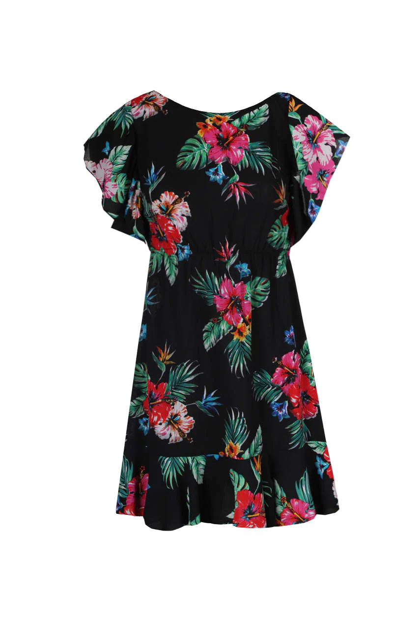 Black Floral Frill Detail Mini Dress - Image 4