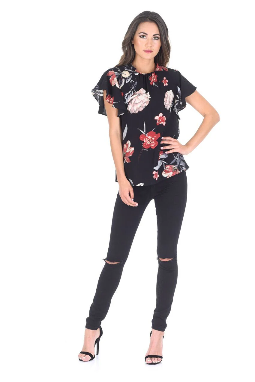 Black Floral Frill Floaty Top - Image 2