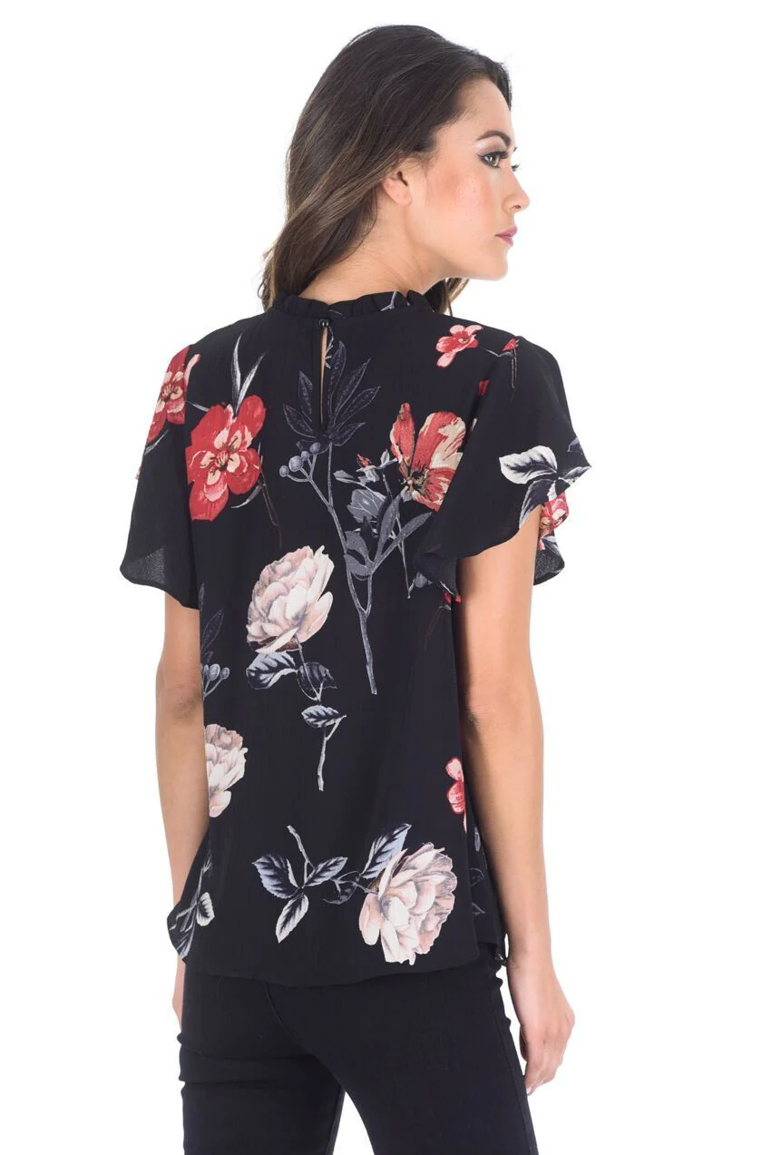 Black Floral Frill Floaty Top - Image 3