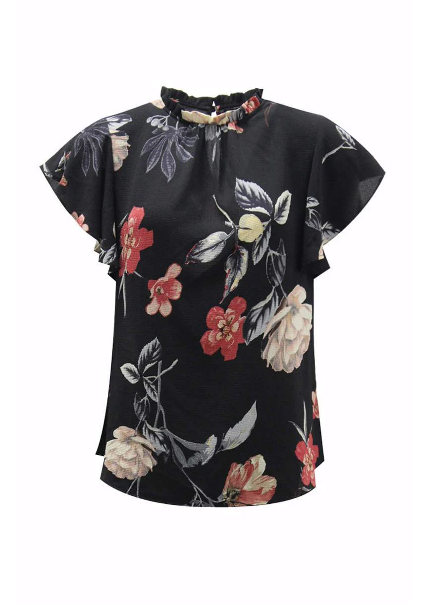 Black Floral Frill Floaty Top - Image 4
