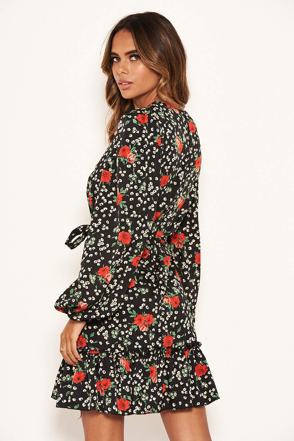 Black Floral Frill Hem Dress - Image 4