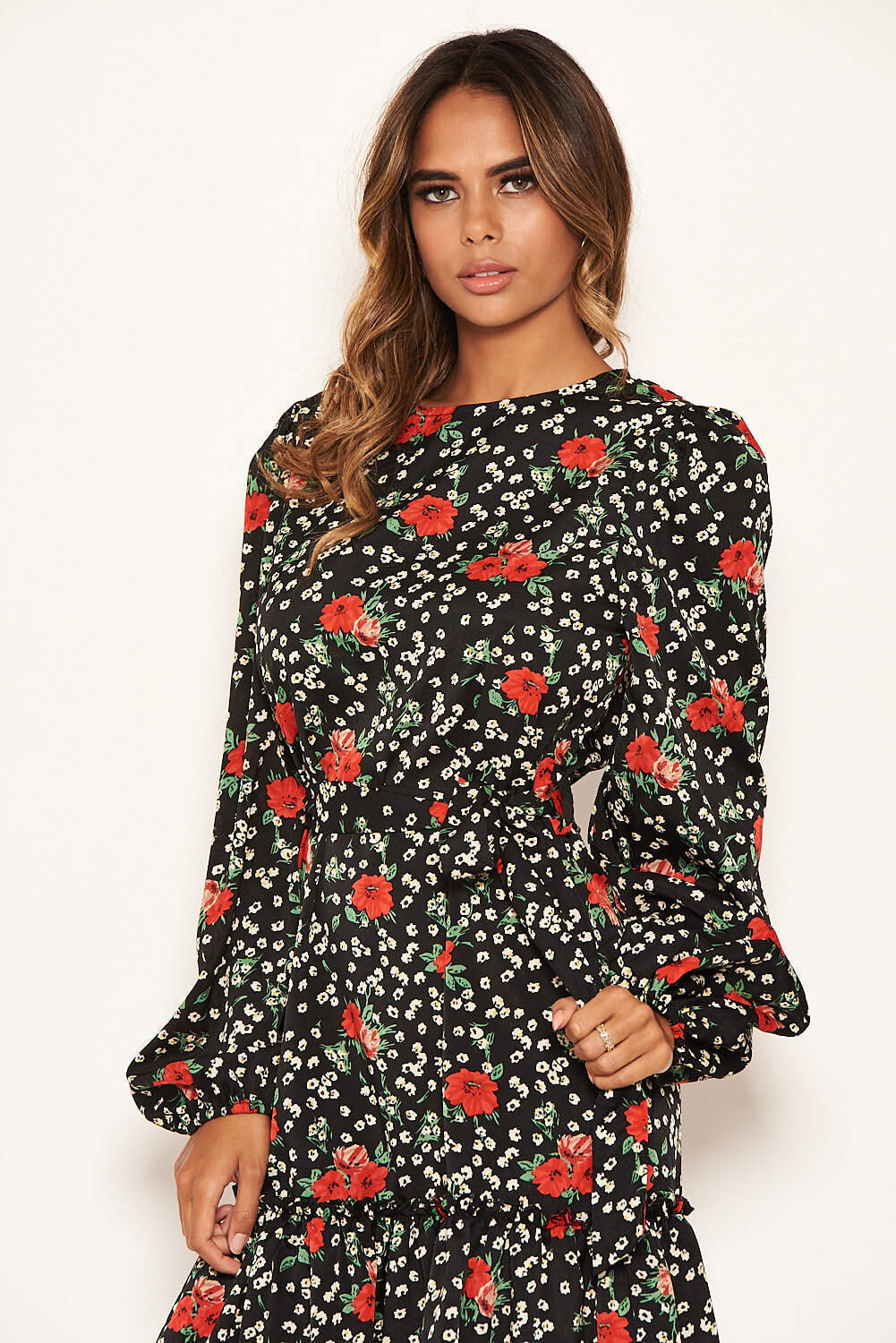 Black Floral Frill Hem Dress - Image 6