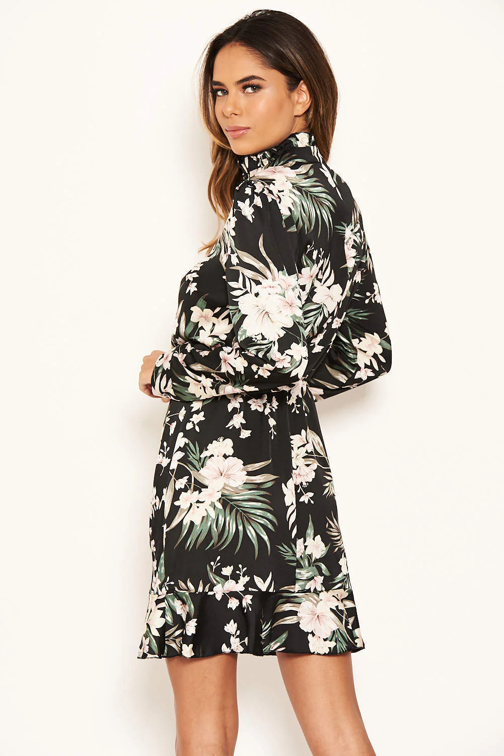 Black Floral Frill Shirt Dress - Image 6