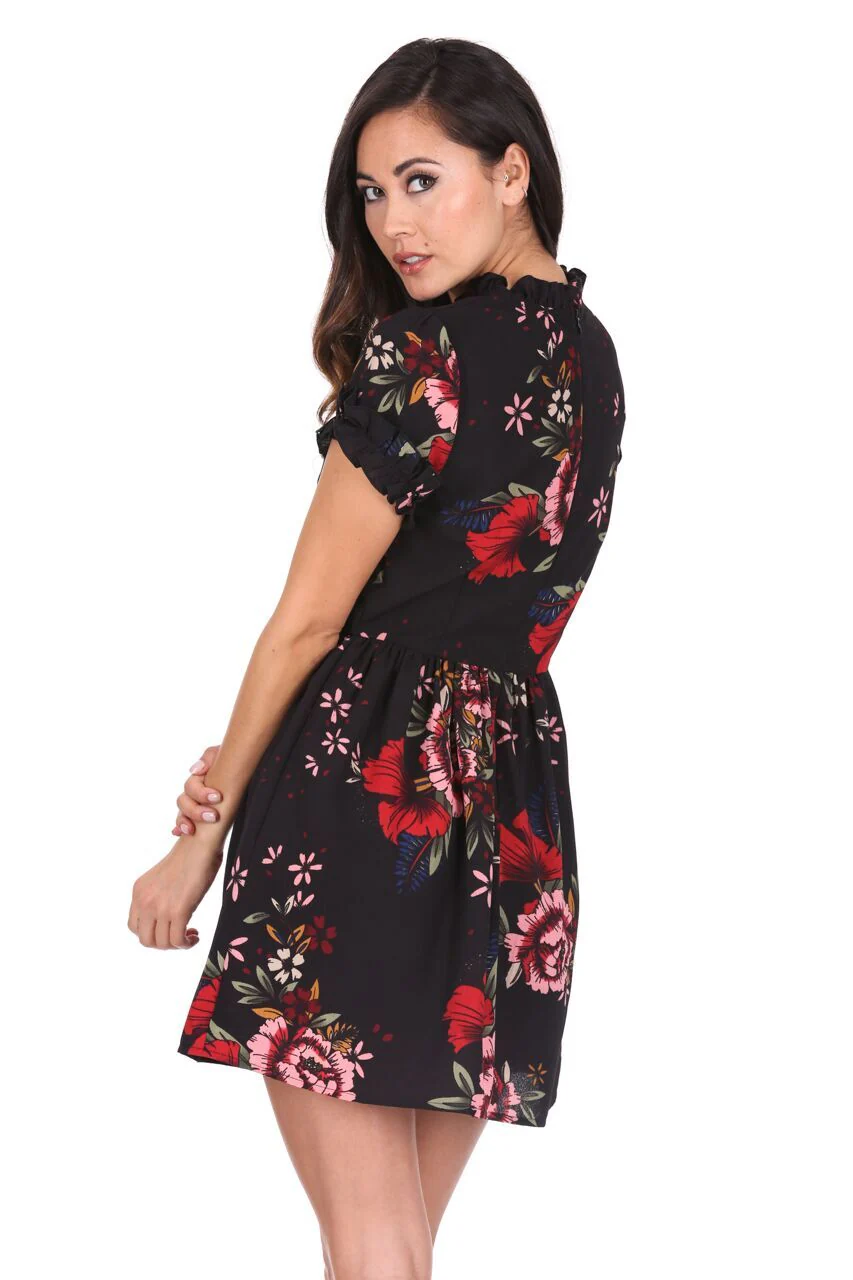 Black Floral Frill Sleeve High Neck Dress - Image 3