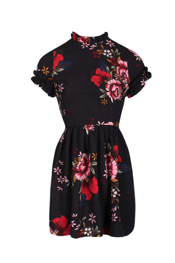 Black Floral Frill Sleeve High Neck Dress - Image 4