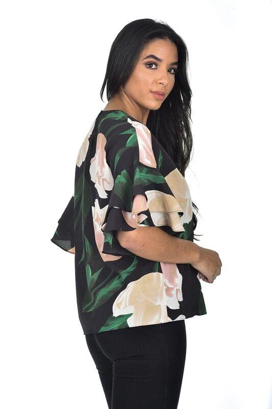 Black Floral Frill Sleeve Top - Image 3