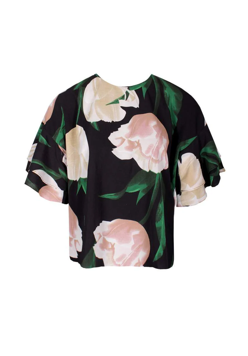 Black Floral Frill Sleeve Top - Image 4